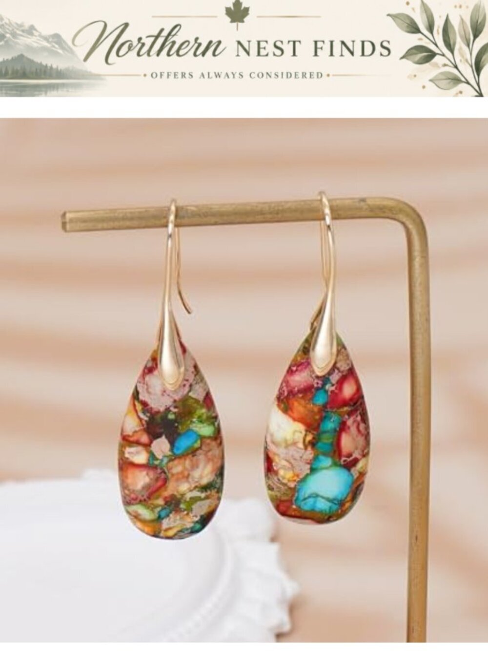 Natural Stone Waterdrop Dangle Earrings Alloy Drop Women Jewelry - Picture 3 of 6